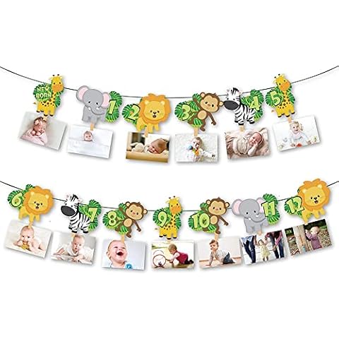 Dusenly 1st Birthday Baby Photo Banner Safari Jungle Animals Photo Frame for Newborn to 12 months Monthly Milestone Photograph Bunting Garland Decoration Cover