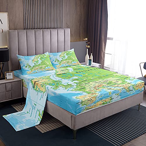 Erosebridal World Map Bed Sheets Twin Blue Ocean Sheet Set 3 Pcs for Kids Boys Girls, Map of Various Countries Fitted Sheet with 1 Flat/Top Sheet and 1 Pillow Case Breathable Home Room Dorm Decor