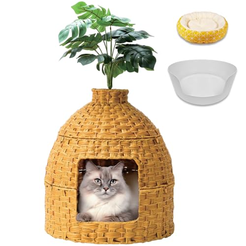 Sugitek Cat Hidden Litter Box Enclosure Furniture with Cats Bed Artificial Plants Handwoven Rattan with Cat Litter Box and Real Stones in Living Room Bedroom CornerNatural