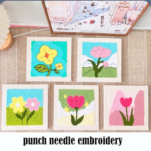 Image of Allazone Punch Needle Starter Kit, Embroidery Frame With Square Fabric, Flower Pattern, Hoop, Yarns (Yellow and Pink Flowers)