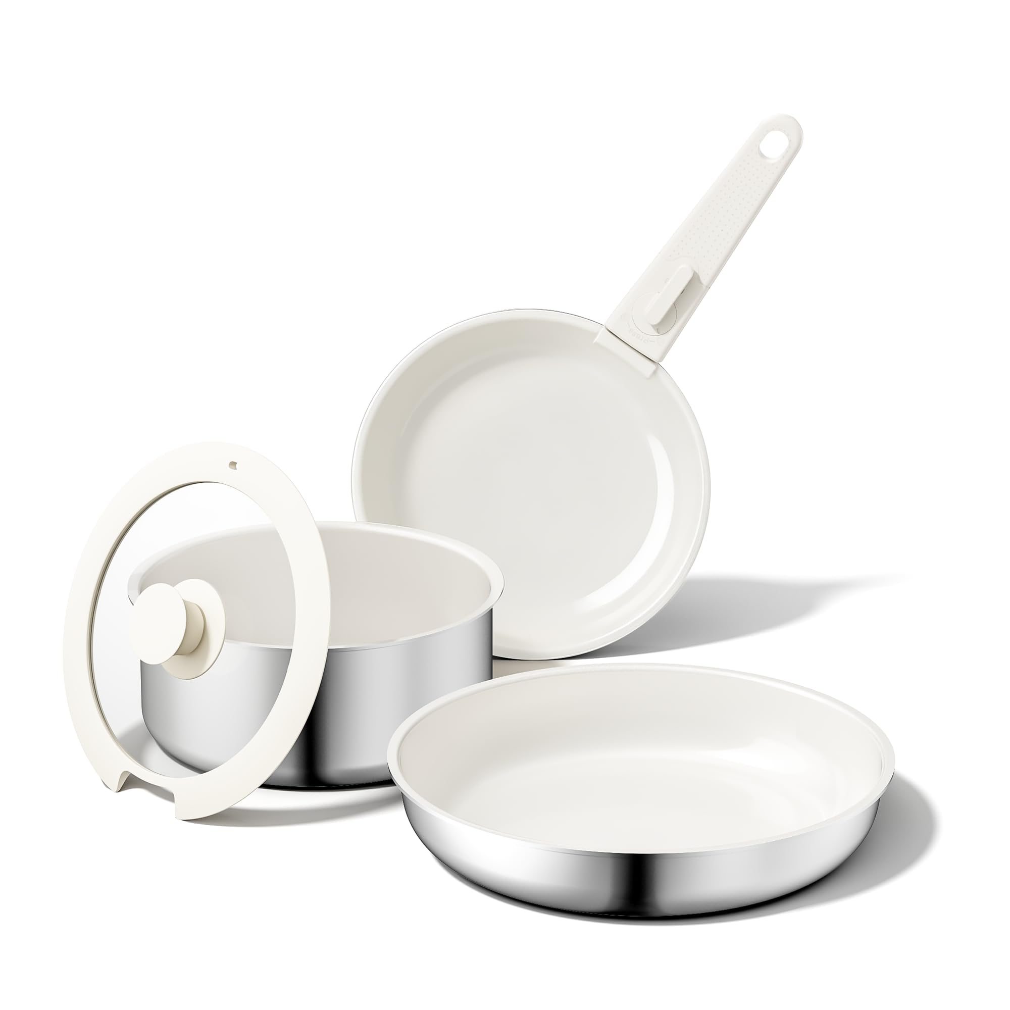 5-Teiliges Antihaft Keramik Pfannenset mit Abnehmbarem Griff, 3-Schichtiger Edelstahl Topf Set-PTFE/PFAS/PFOA frei, Töpfe Induktion, Platzsparendes Kochgeschirr, Backofen & Spülmaschinenfest