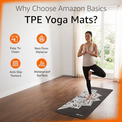 Image of Amazon Basics Printed TPE Yoga Mat with Yoga Strap | 6 mm Thick | Non-Slip Grippy Surface | Lightweight & Flexible Rubber-Like Material | Floor Protection | Ideal for Yoga, Pilates, Stretching & Fitness | 183 x 61 cm | Black