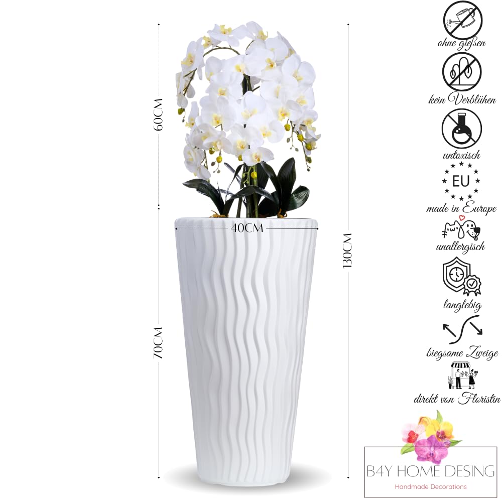 Kunstorchideen weiße Blüten Phalaenopsis Schmetterling mit Deko Elegant Hochtopf XXL groß 130cm hoch | Hochzeits-, Hoteldekoration für Wohnung Büro Praxis, wie Echt - für gemütliches Zuhause