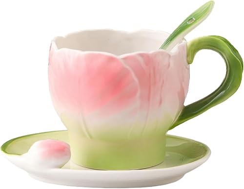 6.1 fl oz esmalte color de alta temperatura underglaze color cerámica tulipán taza de café y plato conjunto para oficina casa restaurante café-Pink