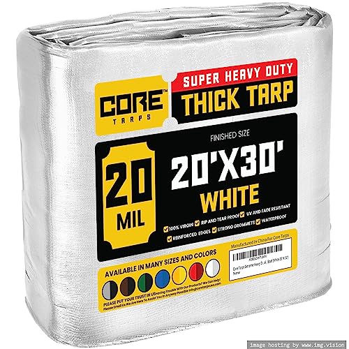 Core Tarps Extreme Heavy Duty 20 Mil Tarp Cover, Waterproof, UV Resistant, Rip and Tear Proof, Poly Tarpaulin with Reinforced Edges for Roof, Camping, Patio, Pool, Boat (White 20? X 30?)