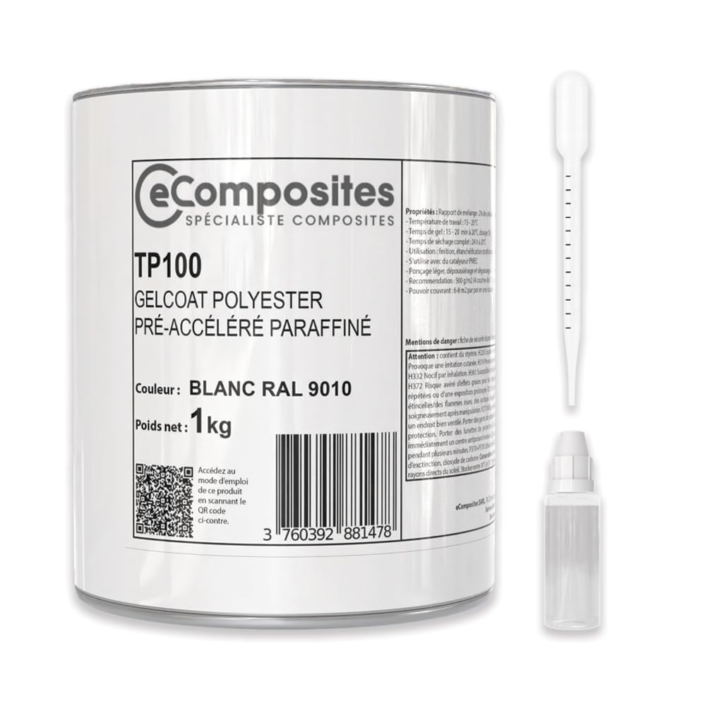Gelcoat Polyester | 1 kg | Blanc RAL 9010 | + Catalyseur PMEC + Pipette de dosage 3 ml, Gel Coat pour Bateau, Topcoat pour Camping car