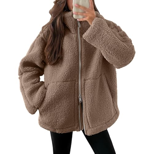 Womens Fuzzy Sherpa Fleece Jacket Oversized Zip Up Winter Coats Warm Stand Collar Outerwear Casual Coat with Pockets
