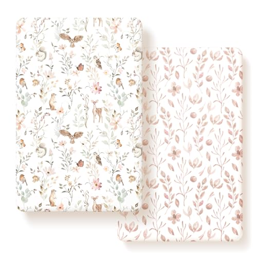Image of Pack n Play Sheets FItted 2 Pack, Stretchy Ultra Soft Jersey Knit Pack and Play Sheets, Universal Fitted Portable/Mini Crib Mattresses Snug and Safe, Beautiful Blush Pink Floral and Cute Animals Print