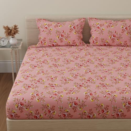 Image of Huesland by Ahmedabad Cotton 144 TC Cotton Elastic Fitted Bedsheet for Double Bed with 2 Pillow Covers | 60 x 78 inches