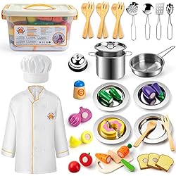 SLEMAKO Juguetes de Cocina para niños Accesorios, Juguetes de Cocina de Madera, Sartenes, Delantal y Gorro De Cocinero, Navidad y Juegos de rol Festivos?Apto para Niños Mayores de 3 Años