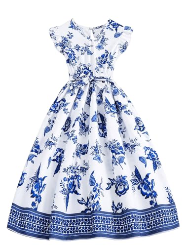 Floerns Girl's Floral V Neck A Line Midi Dresses Ruffle Cap Sleeve Belted Dress