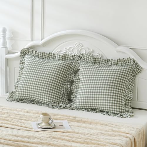 2 Pack Sage Green White Plaid Ruffle Euro Shams Pillow Covers 26x26 inches, 100% Cotton Gingham Checkered Farmhouse Pillowcases for Bed/Sofa (26x26 inches, Sage Green/White Plaid)