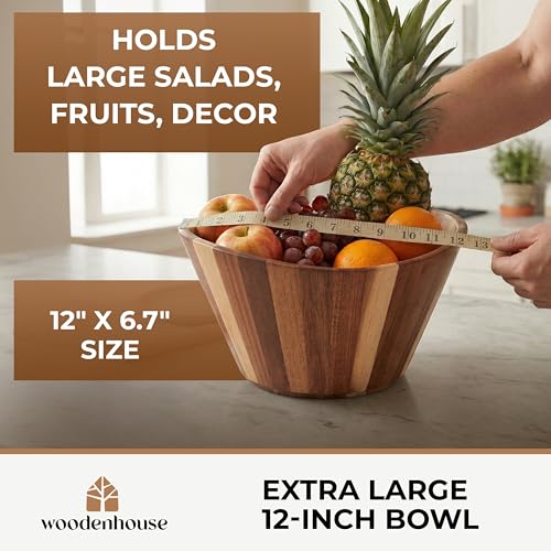 Extra Large Wooden Salad Bowl - Acacia 12” Multi-Purpose Wood Bowls - Decorative Bowls for Home Decor, Storage, Serving, Yarn - Durable Wavy Handmade Design - Wooden Fruit Bowl for Kitchen Counter by Woodenhouse - Used condition - Image 4
