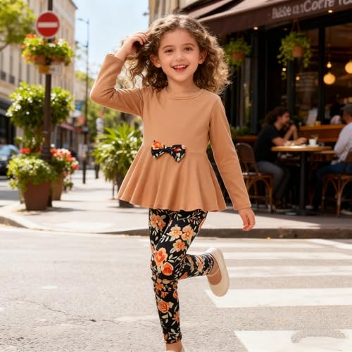Image of Kids Toddler Girls Clothing Set Long Sleeve Top With Bowknot +Floral Print Pants 2 Pcs Fall Outfits Set