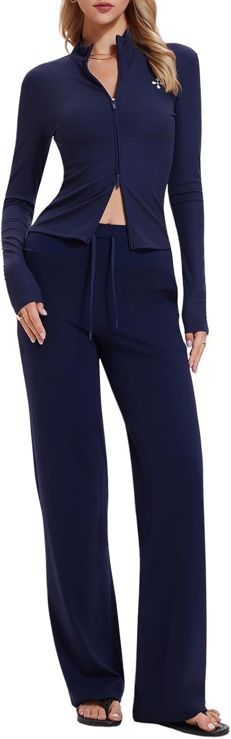 Women's 2 Piece Sets Double Zip Up Top Long Sleeve & Wide Leg Pant Lounge 2025 Fall Tracksuit Casual Sweatsuit Travel Outfit