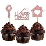 Morndew 24 PCS Glitter Rose Gold Key and House Cupcake Toppers Sweet Home Cake Topper for Housewarmi