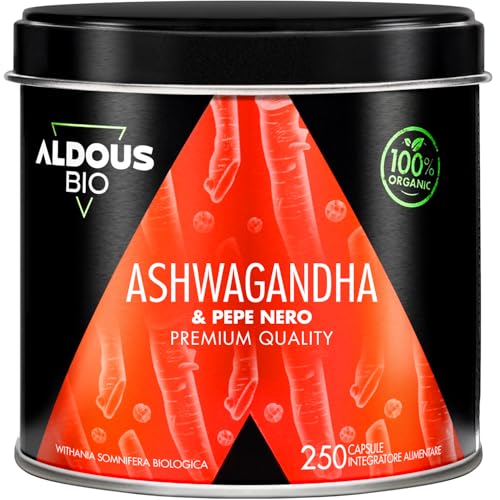 Ashwagandha Bio 2160 mg - 250 Capsule Vegetali - Radice di Ashwagandha con Pepe Nero - Ashwagandha Alto Dosaggio - Withania Somnifera - Ginseng Indiano - Cortisolo - Integratore Ansia e Stress-ALDOUS