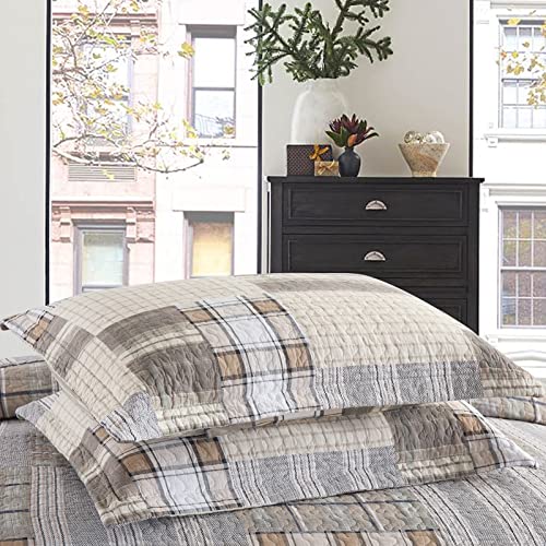 Image of PANGUSHAN Quilts Sets Queen Size,100% Cotton Queen Quilted Bedspreads Bedding Set,Patchwork Plaid Quilt for Queen Bed,Tan /Grey Farmhouse Rustic Bed Spread,Reversible Lightweight Comforter,3-Piece