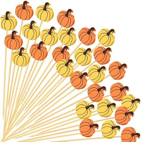 100 Thanksgiving Cocktail Picks, Pumpkin Fall Toothpicks for Appetizers Charcuterie Boards Accessories, 4.7 IN Bamboo Skewers Fruit Drinks Food Sticks, Thanksgiving Decoration Autumn Party Supplies Cover