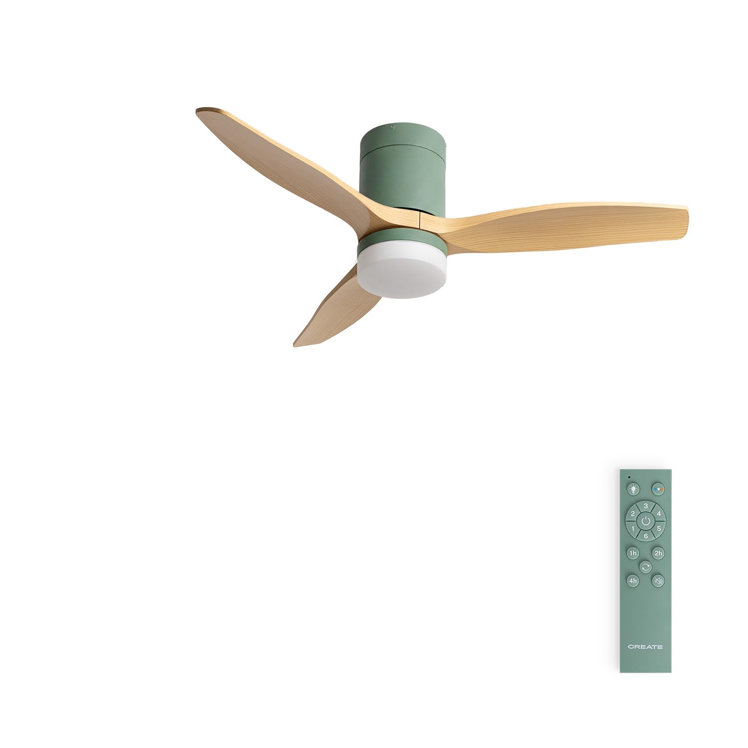 CREATE / WINDCALM S/Ventilatore da soffitto ABS con luce verde sage effetto pale legno chiaro e telecomando / 40W, Silenzioso, Ø112 cm, 6 velocità, 3 temperature di luce, funzione estate-inverno
