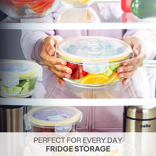 Image of CELLO Fit & Fresh Round Lunch Box Container for Daily Use 400 ml, Clear | Microwave & Fridge Safe Toughened Glass Airtight Leakproof Food Storage Tiffin Box Container for Kitchen, Travel & Office Use
