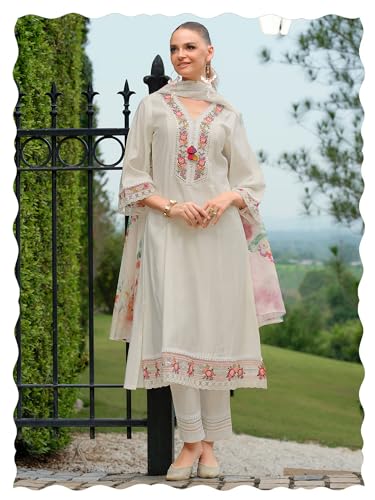 Image of INDO ERA Women's A-Line Cotton Blend Floral Embroidered Kurta & Pant With Dupatta Set (IEOUT11375)