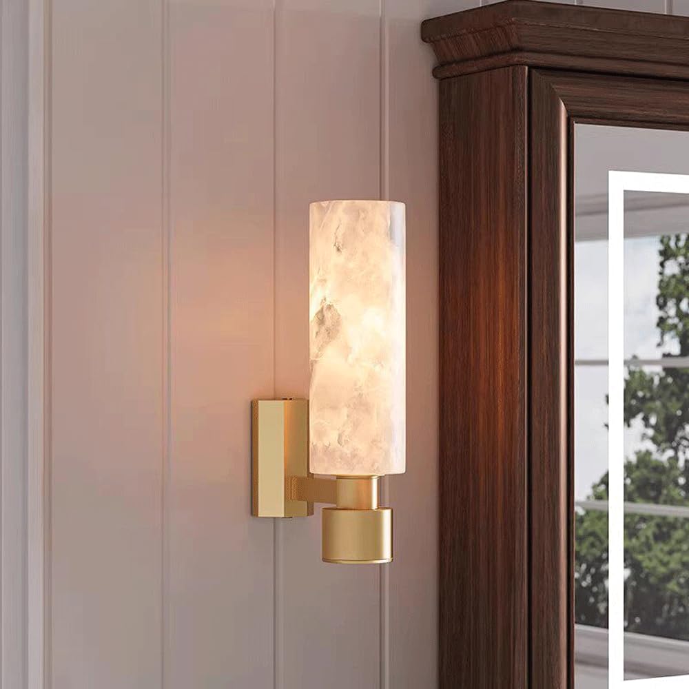 Alabaster Wall Sconce-10.63IN Alabaster Wall Sconce Antique Spanish Natural Marble Modern Vanity Wall Light Gold Cylinder Sconces Lighting Indoor Marble Stone E14 Wall Lamp For Stair Foyer Living Room