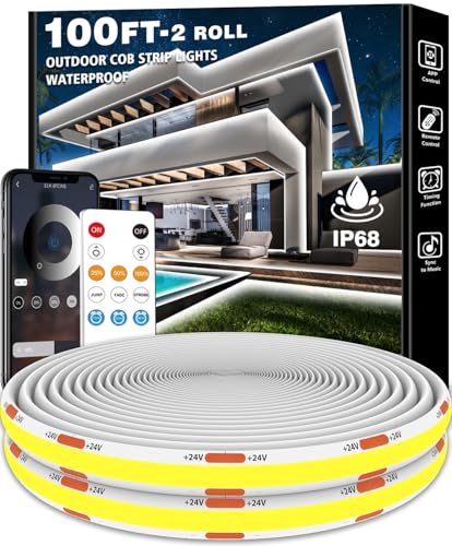 talkhigh 100ft COB Outdoor LED Strip Lights Waterproof,Dimmable 6500K Bright White,IP68 Outside Led...