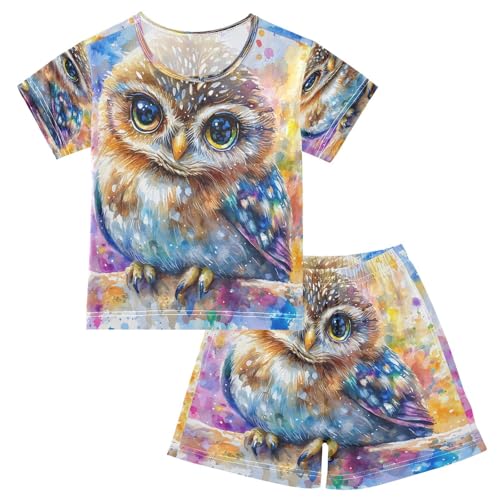 ALAZA Owl Color Bird Art Pajamas Set Short Sleeve Cotton Sleepwear Summer Pjs 2 Piece 5-14Y