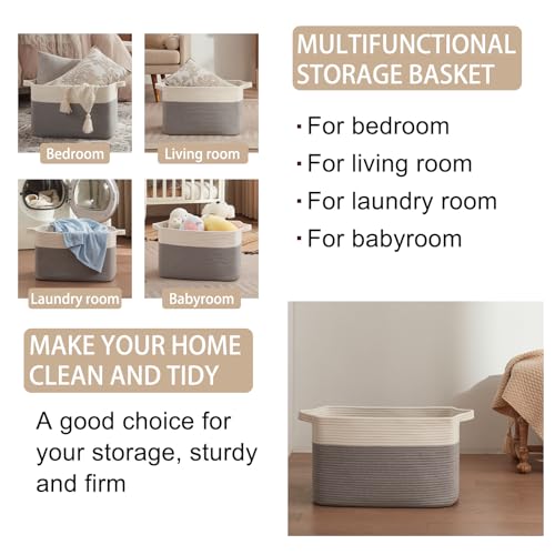 Image of OIAHOMY Large Blanket Basket, 65L Cotton Rope Woven Laundry Basket, Toy Bin for Baby Room, Container for Blanket Storage in Living Room, 20''x16''x12'', Grey & White