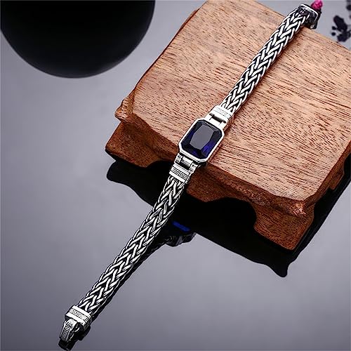S925 Sterling Silver Braided Punk Bracelet, Men's Blue Zirconia Vintage Bracelet4