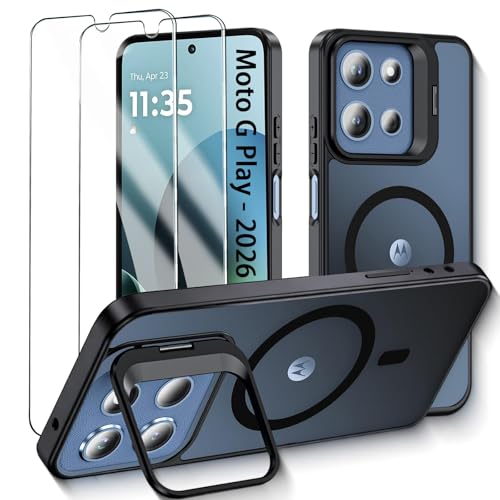 AFENGBOX Magnetic Case for Motorola G 5G 2026/G 5G 2025/G Play 2026 with Camera Kickstand and 2X Screen Protector,Military Shockproof Protective Cover for Moto G Play 2026/G 5G 2025/G 5G 2026,Black