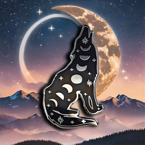 Image of Wolf Enamel Pin With Moon and Star Shapes for Hat Jackets Backpacks Badge