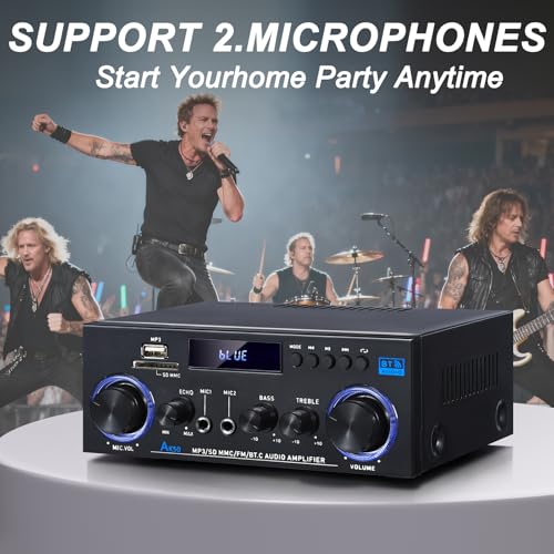 AK50 Stereo Amplifier Home Audio, Stereo Receivers 400W Home 2 Channel Bluetooth 5.0 Power Amplifier System, FM Radio, USB, SD Card, with Remote Control for Home Theater Speakers Studio, Karaoke