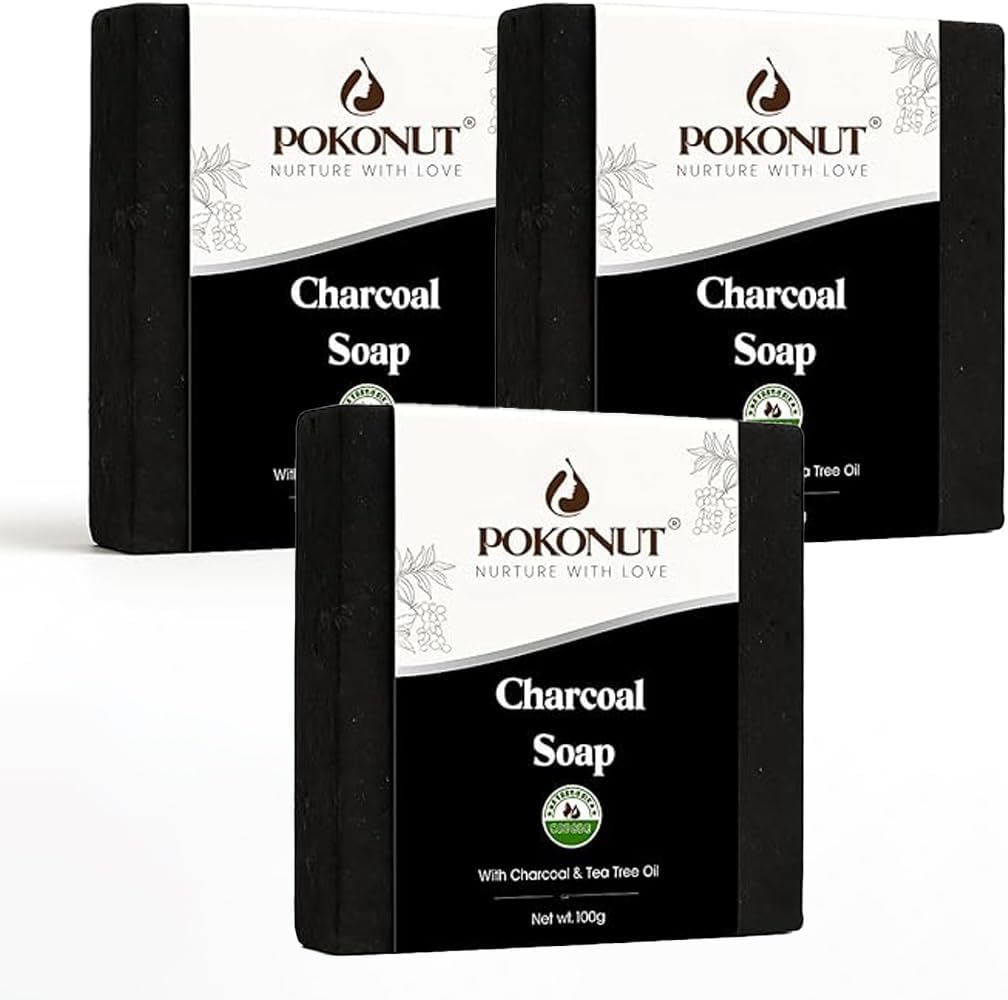 POKONUT Activated Charcoal Soap | Handmade Natural Detox Soap for Deep Cleansing | Reduces Acne, Pimples & Blackheads | Purifying & Oil-Control Bathing Bar | SLS/SLES & Paraben-Free | Suitable for All Skin Types | 100g (Pack of 3)