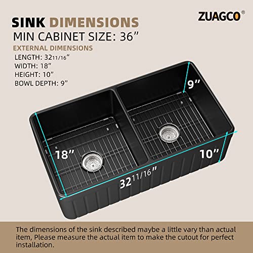 Zuagco Black Farmhouse Sink 33 Inch Fireclay Apron Front Farm Sink Large Capacity Deep Double Bowl Kitchen Sinks With Accessories Protective Bottom Grid And Strainer #TOP7