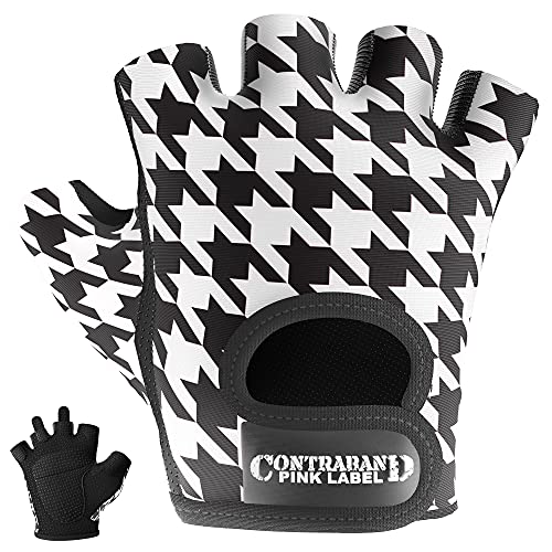 Contraband Pink Label 5257 Women's Design Series Houndstooth Print Lifting and Rowing Gloves (Pair) - Lightweight Vegan Medium Padded Microfiber Amara Leather w/Griplock Silicone (White/Black, Small)
