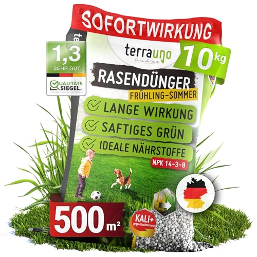 TerraUno Rasendünger Frühjahr/Sommer I Sofortwirkung für saftiges grün I 10 kg für 500 m² I gesunder Rasen verdrängt Moos und Unkraut I NPK Dünger Rasen I Gegen Trockenstress I Für den Streuwagen