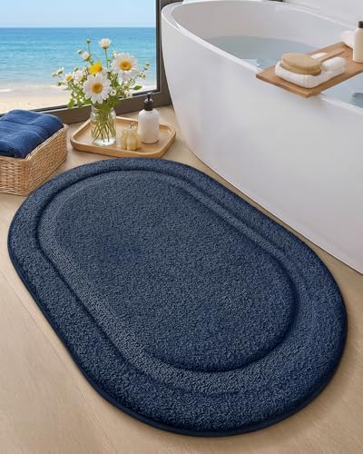 Image of Color&Geometry Oval Blue Bathroom Rugs 36x24, Extra Soft Absorbent Microfiber Bath Rugs, Non-Slip Bathroom mat, Washable Plush Bath Mats for Bathroom, Shower, Bathtub, Laundry, Blue