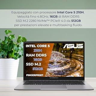 Asus Expertbook P1 Pc Portatile, Notebook Intel Core 5 210H, 16GB RAM DDR5, 512GB SSD, Display 14" FHD Antiriflesso, USB-C Gen2, Gigabit LAN, Wi-Fi 6, Bluetooth 5.4, Fingerprint, 24 Mesi Garanzia, W11