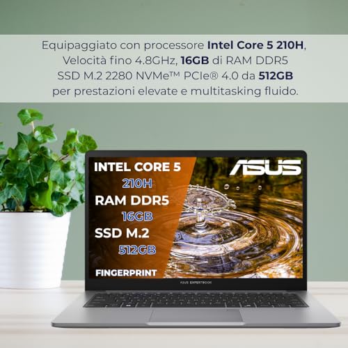 Asus Expertbook P1 Pc Portatile, Notebook Intel Core 5 210H, 16GB RAM DDR5, 512GB SSD, Display 14" FHD Antiriflesso, USB-C Gen2, Gigabit LAN, Wi-Fi 6, Bluetooth 5.4, Fingerprint, 24 Mesi Garanzia, W11 - Notebook - Immagine 1