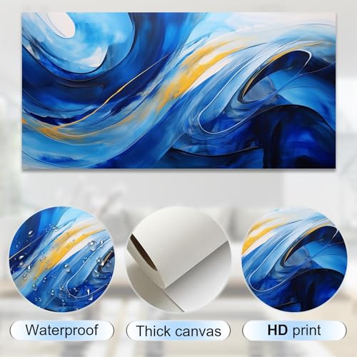 Grande toile pour bureau et salon au design abstrait bleu et or avec cadre