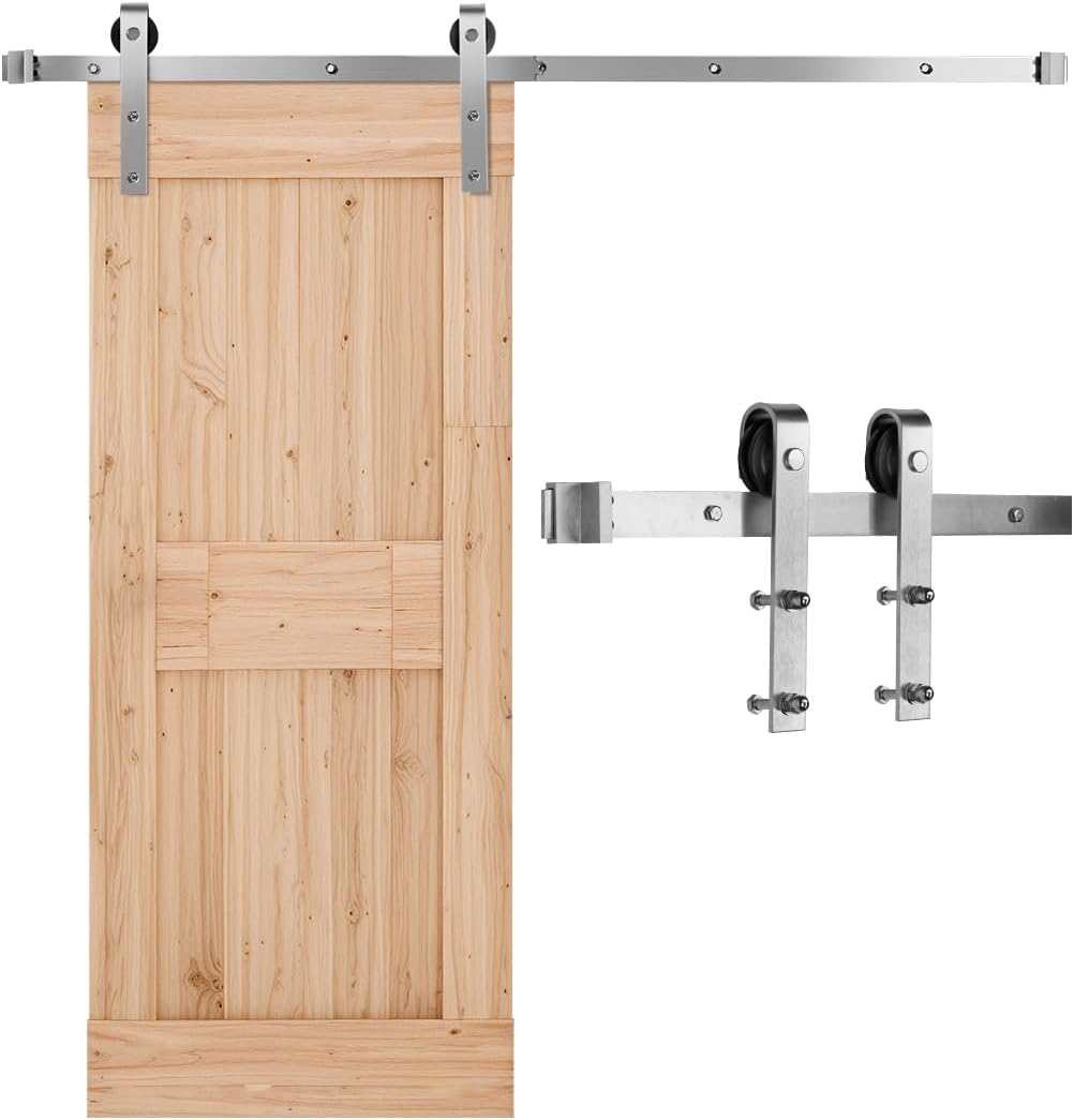 VEVOR 5FT Brushed Nickel Sliding Barn Door Hardware Kit, 330 LBS Weight Capacity, Compatible with 30 Inches Max Width & 1-3/8 to 1-3/4 Inches Thickness Single Door, Durable Track & J-Shape Roller