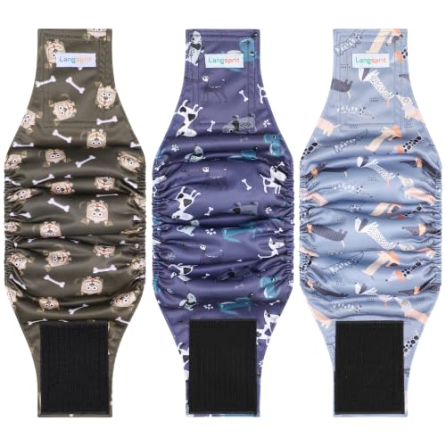 Image of Langsprit Male Belly Bands for Dogs (Pack of 3) - High Absorbing Dog Wraps Male Washable - Reusable Dog Diapers (Cartoon Puppy, Large)