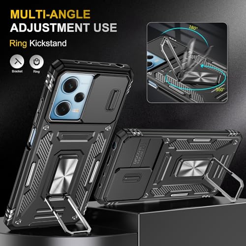 Image of Vaku Luxos Aegis Armor Slide TPU Back Cover Case for Xiaomi Redmi Note 12 5G with Magnetic Ring Holder Kickstand Camera Screen Protector- Black