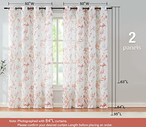 Image of Treatmentex White Semi Sheers Curtains with Red Orange Tree Branch Print Pattern Window Curtains for Living-Room 84 inch Grommet Top Privacy Curtain Drapes Watercolor Design Curtain Panels 2 pcs