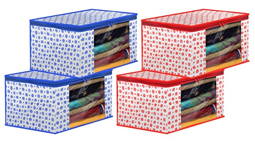 Image of Kuber Industries Dot Printed Foldable, Lightweight Non-Woven Saree Cover /Organizer With Tranasparent Window- Pack of 4 (Blue & Pink)-46KM0507