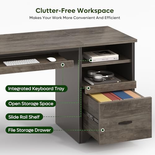 Image of Bestier 47 inch Office Desk with Drawers, Industrial Computer Desk with Drawer, Reversible Teacher Desk with Storage & Keyboard Tray for Small Space Home Office & Studio, Gray Wash | 47 Inch Desktop With File Drawer, Open Storage, Keyboard Tray And Reversible Layout For Small-Space Home Office Use.