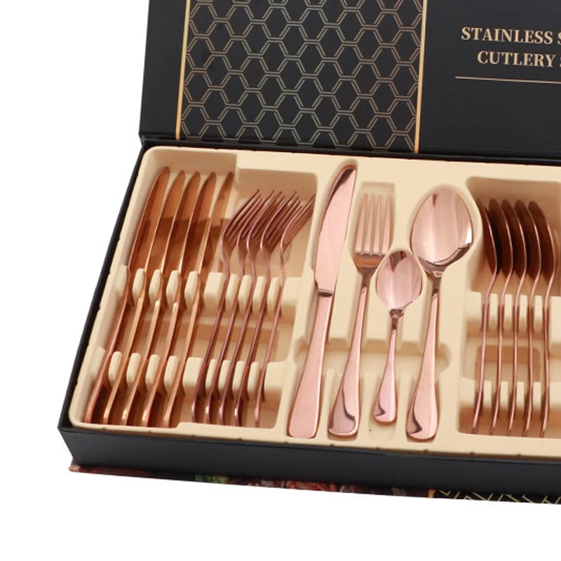 Rengue Juego de Cubiertos, Juego de Cubiertos de Acero Inoxidable de 24 Piezas con Pulido de Espejo y Diseño de Cabeza Redonda, para Restaurante, Comedor en Casa, Regalo (Oro rosa)