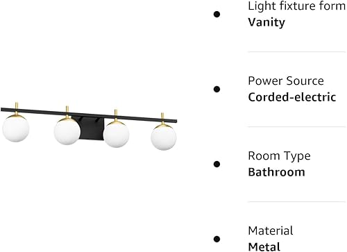 Miniatura 8 de Ralbay Lámpara de tocador moderna de mediados de siglo con 4 luces de vidrio lechoso moderno sobre espejo, luz de tocador moderna negra y dorada